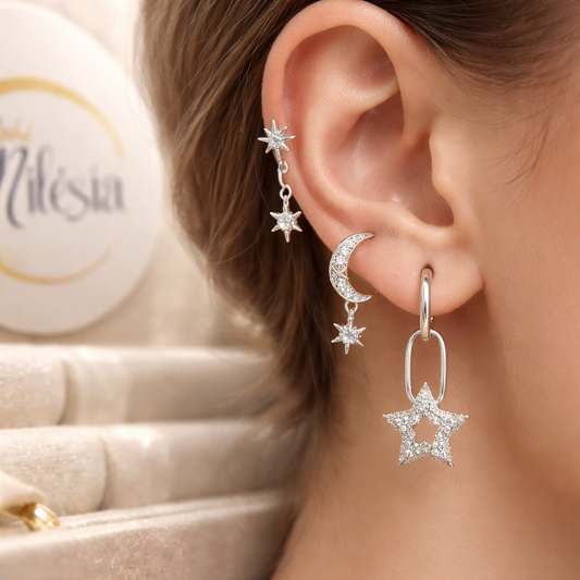 Lot de 3 boucles d'oreille lune et etoiles