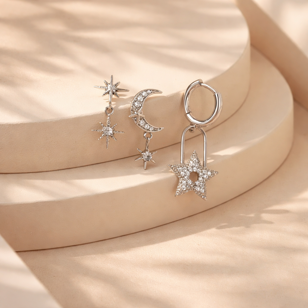 Lot de 3 boucles d'oreille lune et etoiles