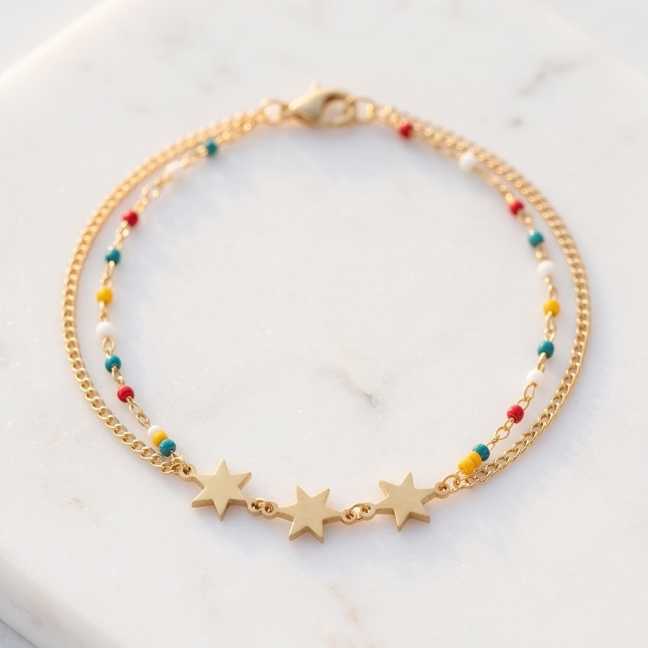 Chaine de cheville double chaine rocailles colorées