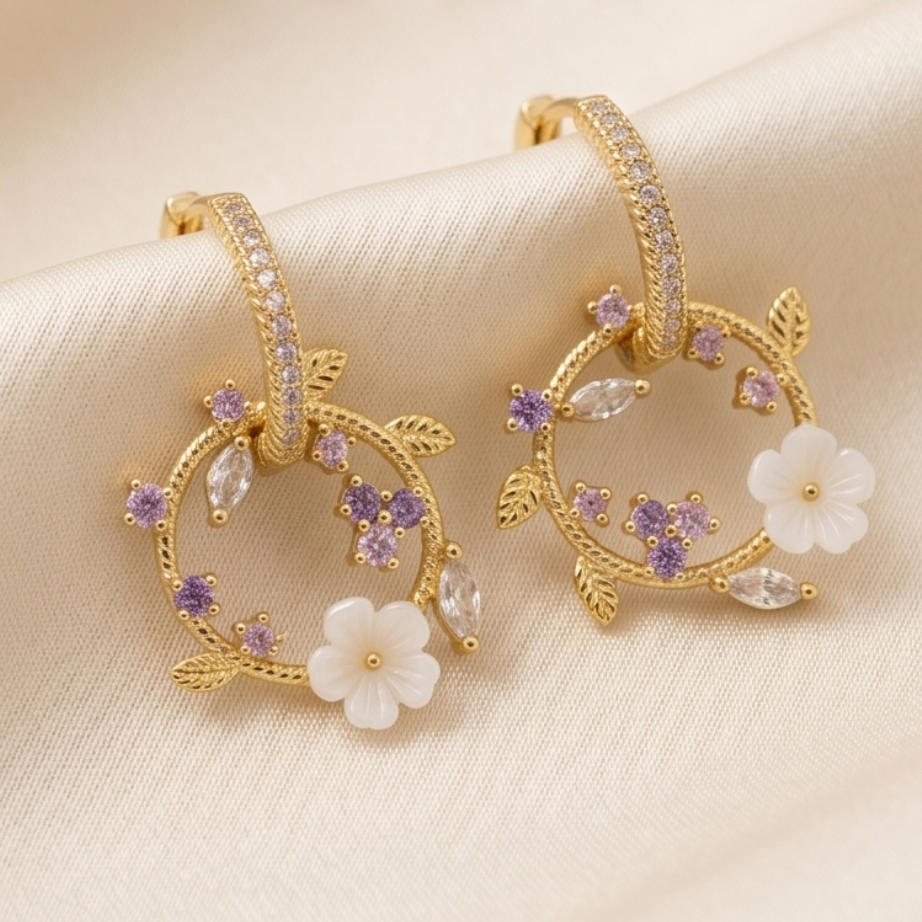 Boucles d'oreilles anneaux couronne de fleurs
