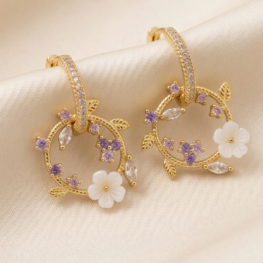 Boucles d'oreilles anneaux couronne de fleurs