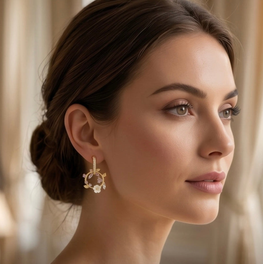 Boucles d'oreilles anneaux couronne de fleurs